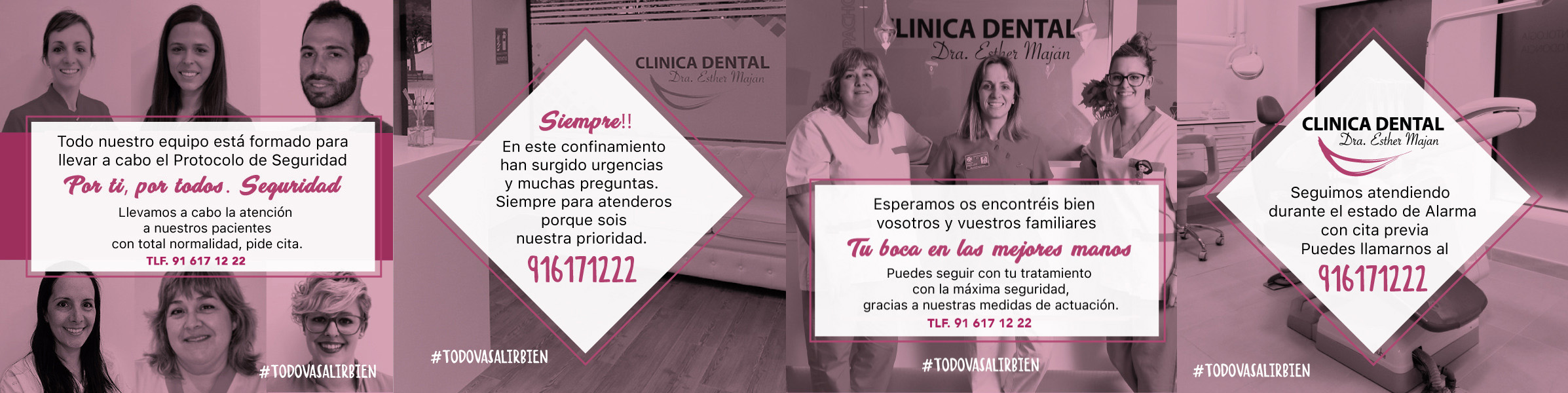 NORMAS PARA EL TRATAMIENTO DE PACIENTES DURANTE EL ESTADO DE ALARMA POR CORONAVIRUS. Desde Clínica Dental de la Dra Esther Maján en Móstoles (Madrid), atendemos bajo el "Protocolo y normas para el tratamiento de pacientes indicado por el Consejo General de Dentistas", priorizando la seguridad para el profesional y para el paciente, por lo que se recomienda: 1) A la hora de concertar la cita (vía telefónica) se preguntará a los pacientes si tienen síntomas de coronavirus y se persuadirá al paciente a no asistir a la cita si tienen algún síntoma. 2) Se evitará que coincidan más de dos pacientes en la consulta. 3) Los pacientes deben acudir sin acompañante, excepto personas que así lo requieran. 4) Antes de entrar en la clínica dental se le proporcionará al paciente gel hidroalcohólico para el lavado de manos. 5) Los doctores y auxiliares utilizarán mascarillas FPP3 gafas protectoras, pantallas y ropa clínica recomendada. 6) Antes de proceder al tratamiento, el paciente deberá realizar enjuagues con peróxido de hidrógeno al 1% o povidona al 0,2 %, ya que la clorhexidina no es efectiva frente al coronavirus. Dicho producto será proporcionado por la clínica dental. 7) El dique de goma es obligatorio como aislamiento absoluto (reduce la concentración de virus en aerosoles un 70%). 8) Además, siguiendo los protocolos de higiene y desinfección del Ministerio de Sanidad, aplicamos un protocolo minucioso de esterilización y desinfección de cada box entre paciente y paciente. Así como la limpieza y esterilización diaria de todas las instalaciones para eliminar virus, bacterias, mohos y otros contaminantes. Nuestro horario especial de apertura para consultas dentales (previa cita realizada por vía telefónica) será de 9:30 a 13:30 horas de la mañana de L-V. Telf.: 91 617 12 22 / 681 117 888. En definitiva, nuestra clínica dental estará abierta a recibir sus consultas y todos nuestros dentistas estarán disponibles y abiertos a solucionar todas sus dudas y realizar los tratamientos necesarios en cada caso. Muchas gracias por su colaboración. MÓSTOLES “Clínica Dental de la Dentista Dra. Esther Maján en Móstoles”. Está abierta. Dirección: Calle del Pintor Picasso 5 (Posterior) 28932 Móstoles (Madrid). Estamos abiertos en Horario Restringido de Apertura para Atención Dental: L-V 9:30 a 13:30 (Horario especial de tratamientos dentales debido al Estado de Alarma por el Coronavirus) Centro Dental Consultorio Odontológico en Móstoles con excelentes opiniones de nuestros pacientes. Teléfonos Contacto.: 91 617 12 22 / 681 117 888. Email contacto contacto@clinicamajan.com