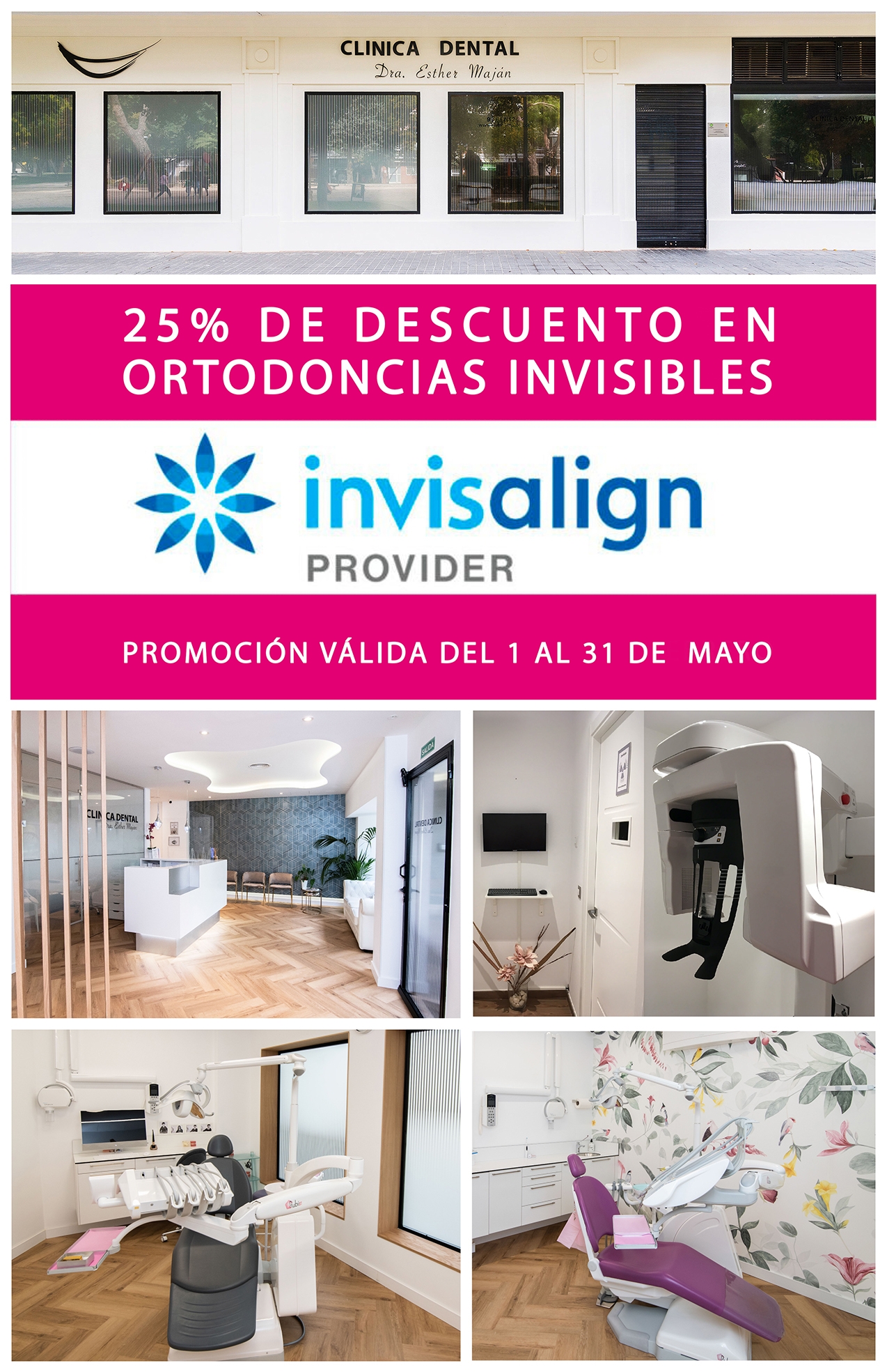 “ATENCIÓN OFERTA: 25% DE DESCUENTO EN ORTODONCIAS INVISIBLES INVISALIGN DEL 1 AL 31 DE MAYO". EN CLÍNICA DENTAL ESTHER MAJÁN QUEREMOS PREMIAR A NUESTROS CLIENTES CON UN DESCUENTO DEL 25% EN ORTODONCIAS INVISIBLES REALIZADAS CON LA RECONOCIDA TECNOLOGÍA INVISALIGN PARA TRATAMIENTOS ORTODÓNTICOS INVISIBLES TRANSPARENTES CON FERULAS ALINEADORES INVISIBLES. NUESTROS PRESTIGIOSOS ORTODONCISTAS DENTISTAS LES INFORMARÁN DE LA OFERTA Y DE LAS VENTAJAS DE DICHA TÉCNICA DE TRATAMIENTO DENTAL ODONTOLÓGICO. MÓSTOLES “Clínica Dental de la Dentista Dra. Esther Maján en Móstoles”. Está abierta. Dirección: Calle del Pintor Picasso 5 (Posterior) 28932 Móstoles (Madrid). Estamos abiertos en el siguiente horario: L y X: 9:30 a 13:00 / 14:30 a 20:00. M y J: 08:30 a 20:00.  V: 9:30 a 14:00 / 15:00 a 19:00 H. Centro Dental Consultorio Odontológico en Mostoles con excelentes opiniones de nuestros pacientes. Teléfonos Contacto de nuestros dentistas: 91 617 12 22 / 681 117 888. Email contacto contacto@clinicamajan.com En Clínica dental Esther Maján estamos en vanguardia en el uso de nuevas tecnologías que se ha demostrado eficientes en tratamientos dentales y ese es el caso de Invisalign, que ha demostrado su seguridad y calidad en todo tipo de ortodoncias invisibles con aligners alineadores dentales transparentes que se fabrican a medida para cada cliente y son muy eficientes en el aspecto estético de los tratamientos dentales odontológicos. Invisalign  Preguntas más frecuentes. ¿Qué es Invisalign y cómo funciona? ¿Qué es Invisalign? El tratamiento Invisalign es una forma prácticamente invisible de alinear los dientes. Usando tecnología avanzada de imágenes computarizadas en 3D, el sistema Invisalign muestra su plan de tratamiento completo basado en la evaluación de su Doctor Invisalign, desde la posición inicial de sus dientes hasta la posición final deseada. Los aligners, alineadores dentales transparentes se fabrican de manera personalizada para que sus dientes se muevan poco a poco. Cada aligner se lleva puesto durante aproximadamente 1-2 semanas antes de ser reemplazado por el siguiente, y los dientes se van moviendo gradualmente hacia la posición final proyectada. El tiempo de tratamiento depende de sus necesidades específicas y será determinado por nuestros ortodoncistas. ¿Cómo funciona Invisalign? Los aligners alineadores dentales transparentes de Invisalign mueven los dientes siguiendo una serie de movimientos cuidadosamente controlados y programados. Por tanto, en cada etapa se permite únicamente el movimiento de determinados dientes, siguiendo un plan de tratamiento Invisalign para dicha etapa en particular. ¿Cuánto tiempo dura el tratamiento Invisalign? La duración del tratamiento depende de su complejidad y generalmente es comparable al de los brackets tradicionales. Su Invisalign Provider le puede dar información más detallada. ¿Cuáles son las ventajas de Invisalign? Los aligners alineadores dentales transparentes de Invisalign son prácticamente invisibles y casi nadie notará que está enderezando sus dientes. Como los alineadores dentales transparentes de Invisalign son extraíbles, durante el tratamiento podrá comer y beber todo lo que desee simplemente quitándose los aligners alineadores dentales. También puede quitarse los alineadores dentales transparentes para cepillarse y usar hilo dental y así mantener su rutina de higiene oral habitual. Se recomienda llevar puestos los aligners alineadores dentales durante al menos 22 horas al día. A diferencia de los aparatos fijos tradicionales, estos dispositivos no llevan alambres ni brackets metálicos. Esto significa que en la mayoría de los casos se dedica menos tiempo a los ajustes en la consulta del Invisalign Provider.  El sistema Invisalign le permite ver los resultados y el plan de tratamiento de forma virtual antes de comenzar para que pueda ver el aspecto que se prevé que tendrán sus dientes al término del tratamiento. ¿Es esta una nueva forma de enderezar los dientes? Los dentistas y los ortodoncistas llevan años utilizando con éxito aparatos extraíbles. Sin embargo, el sistema Invisalign utiliza la tecnología 3D de Align Technology y la fabricación a medida en masa para tratar una amplia diversidad de casos de pacientes que desean enderezar sus dientes. El software ClinCheck permite a los pacientes ver su plan de tratamiento desde el principio hasta el final antes de comenzarlo. ¿Cuántos pacientes se están tratando con Invisalign? Más de 4,5 millones1 de pacientes han sido tratados ya en todo el mundo con el sistema Invisalign. ¿Cuántos años tiene la empresa? Align Technology, Inc., la empresa que fabrica Invisalign, se fundó en 1997. Technology ¿Cuánto tiempo tiene la tecnología? En 1945, el doctor H. D. Kiesling vaticinó que un día la tecnología moderna permitiría usar una serie de colocadores dentales para producir el tipo de movimientos necesarios para realizar un tratamiento ortodóncico integral. Actualmente Align Technology utiliza avanzada tecnología por ordenador para producir Invisalign, una serie de aligners alineadores dentales transparentes personalizados. El paciente tiene que llevar puestos los aligners alineadores dentales secuencialmente para generar movimientos dentales graduales en las arcadas superior e inferior. Los aligners alineadores dentales ¿De qué están hechos los aligners alineadores dentales y qué aspecto tienen? Los aligners alineadores dentales, prácticamente invisibles, están hechos de material termoplástico de grado médico fuerte desarrollado en exclusiva para el sistema Invisalign. Los aligners alineadores dentales se personalizan para cada paciente.  Invisalign Providers (proveedores suministradores autorizados como Clínica Dental de la Doctora Esther Maján) ¿Cualquier odontólogo puede realizar un tratamiento Invisalign? Aunque el sistema Invisalign se puede usar con la mayoría de filosofías de tratamiento es necesario recibir una formación especial. Todos los ortodoncistas y dentistas interesados en tratar a pacientes con el sistema Invisalign tienen que asistir a formación. Hay más de 110 000 odontólogos y ortodoncistas en todo el mundo formados para tratar a pacientes con el sistema Invisalign.  ¿Cada cuánto tiempo hay que pedir cita con un Invisalign Provider una vez iniciado el tratamiento? Los pacientes normalmente acuden a su Invisalign Provider en un periodo de 6 a 8 semanas para comprobar que el tratamiento avanza según lo previsto y para recibir los siguientes juegos de aligners alineadores dentales Invisalign. Su Invisalign Provider lo decidirá en función de su tratamiento. Proceso del tratamiento. ¿Cómo funciona Invisalign? Los aligners alineadores dentales Invisalign mueven los dientes siguiendo una serie de movimientos cuidadosamente controlados y programados. Por tanto, en cada etapa se permite únicamente el movimiento de determinados dientes, siguiendo un plan de tratamiento Invisalign para dicha etapa en particular.  ¿Cuánto tiempo dura el tratamiento Invisalign? La duración del tratamiento depende de su complejidad y generalmente es comparable al de los brackets tradicionales. Su Invisalign Provider le puede dar información más detallada. ¿El tratamiento Invisalign es doloroso? Algunas personas pueden experimentar malestar temporal y leve durante unos días cuando se ponen un aligner nuevo al comienzo de cada nueva fase de tratamiento. Esto es normal. Los pacientes describen una sensación de presión. Es una señal de que los aligners alineadores dentales están funcionando y normalmente desaparece en un par de días. ¿Una vez finalizado el tratamiento Invisalign es necesario usar retenedores? Es importante usar un retenedor después de cualquier tratamiento ortodóncico porque mantiene los dientes estables en sus nuevas posiciones. Para que los dientes mantengan su posición ideal lo mejor es llevar puesto el retenedor tal como le indique su Invisalign Provider. En muchos casos el último aligner será el retenedor temporal hasta que se determine la opción de retención. Su Invisalign Provider puede recomendarle opciones de retención a más largo plazo. Aptitud para el tratamiento. ¿Este procedimiento funciona para la sobremordida? Los Invisalign Providers (proveedores suministradores autorizados como Clínica Dental de la Doctora Esther Maján) pueden usar Invisalign para tratar sobremordidas en la gran mayoría de adultos y adolescentes. Su Invisalign Provider le puede dar más información al respecto. ¿Existe algún factor dental que excluya automáticamente a una persona de poder tratarse con Invisalign? No. Solo un Invisalign Provider puede determinar si una persona es un candidato apto al tratamiento Invisalign.  ¿Los puentes afectan al tratamiento Invisalign? Dado que los puentes unen firmemente dos o más dientes ofrecen mucha resistencia al movimiento dental. Su Invisalign Provider podrá determinar si los puentes afectarán negativamente a su tratamiento. ¿Las coronas son un problema para el tratamiento Invisalign? Las coronas (fundas dentales) generalmente no suponen un problema para el tratamiento Invisalign. No obstante, a veces en el tratamiento Invisalign se cementan en los dientes pequeñas formas de composite del color de los dientes, llamadas “attachments” para ayudar a lograr ciertos movimientos, y estos attachments son más difíciles de cementar en las coronas que en los dientes. En estos casos es necesario evaluar cuidadosamente la ubicación de las coronas. Su Invisalign Provider le puede dar más información al respecto. ¿El tratamiento Invisalign puede cerrar huecos? Sí. Con Invisalign por lo general resulta muy sencillo cerrar los espacios entre los dientes. Su Invisalign Provider le puede dar más información al respecto. ¿La ATM afecta al tratamiento Invisalign? ATM significa “articulación temporomandibular”. Las personas que tienen problemas en dicha articulación pueden experimentar dificultades que se agravan con el uso de aparatos y tratamientos como Invisalign. Otros problemas en cambio pueden mejorar o permanecer inalterados. Su Invisalign Provider le puede dar más información al respecto. Una vez retirado el aparato, los dientes a veces se desplazan. ¿El tratamiento Invisalign puede corregirlo? Hay pacientes Invisalign que previamente han llevado un aparato tradicional, normalmente cuando eran adolescentes. Invisalign por lo general puede corregir ese desplazamiento que se produce después de haber usado un aparato tradicional, lo que se conoce como “recaída”. Un paciente lleva puesto actualmente un aparato tradicional. ¿Puede cambiarse a un tratamiento Invisalign? Muchos pacientes se tratan con una combinación de aparato tradicional y el sistema Invisalign. Su Invisalign Provider le puede dar más información al respecto. Salud oral ¿Cuál es la edad mínima que tiene que tener un paciente para poder tratarse con el sistema Invisalign? Los Invisalign Providers (proveedores suministradores autorizados como Clínica Dental de la Doctora Esther Maján) con experiencia pueden usar Invisalign para enderezar los dientes de la mayoría de adultos y adolescentes. Su Invisalign Provider le puede dar más información al respecto.  ¿Hay alguna restricción para comer mientras se sigue este tratamiento? No. A diferencia de los aparatos tradicionales de alambres y brackets, con el sistema Invisalign uno puede comer lo que quiera porque los aligners alineadores dentales se quitan para comer y beber. También permite cepillarse los dientes y usar hilo dental después de cada comida antes de volver a ponerse los aligners alineadores dentales, de forma que el paciente mantenga su rutina de higiene oral habitual. Se recomienda llevar puestos los aligners alineadores dentales durante al menos 22 horas al día. Vivir con el tratamiento Invisalign. ¿Cuál es la mejor forma de limpiar los aligners alineadores dentales? La mejor manera de limpiar los aligners alineadores dentales es cepillándolos y aclarándolos en agua templada y usando los cristales de limpieza Invisalign o pastillas limpiadoras especiales. Es importante cepillarse bien los dientes después de cada comida y antes de volver a ponerse los aligners alineadores dentales para mantener una buena higiene oral. ¿Hay alguna restricción para comer mientras se sigue este tratamiento? No. A diferencia de los aparatos tradicionales de alambres y brackets, con el sistema Invisalign uno puede comer lo que quiera porque los aligners alineadores dentales se quitan para comer y beber. También permite cepillarse los dientes y usar hilo dental después de cada comida antes de volver a ponerse los aligners alineadores dentales, de forma que el paciente mantenga su rutina de higiene oral habitual. Se recomienda llevar puestos los aligners alineadores dentales durante al menos 22 horas al día. ¿Con qué frecuencia hay que llevar puestos los aligners alineadores dentales? Hay que llevar puestos los aligners alineadores dentales todo el tiempo que dure el tratamiento excepto para comer, cepillarse los dientes y usar seda dental. Se recomienda llevar puestos los aligners alineadores dentales durante al menos 22 horas al día para cumplir con el plan de tratamiento Invisalign. ¿Los aligners alineadores dentales afectan al habla? La gran mayoría de los pacientes no refieren ninguna dificultad para hablar. No obstante, al igual que sucede con los aparatos de ortodoncia tradicionales, existe un período de ajuste inicial debido a que se tiene un elemento nuevo en la boca. ¿Se puede fumar mientras se llevan puestos los aligners alineadores dentales? Se desaconseja fumar mientras se llevan puestos los aligners alineadores dentales porque es posible que estos se manchen o decoloren. ¿Se puede mascar chicle mientras se llevan puestos los aligners alineadores dentales? Se desaconseja mascar chicle mientras se llevan puestos los aligners alineadores dentales porque se puede quedar pegado en ellos. Se recomienda quitarse los aligners alineadores dentales cada vez que se vaya a comer algo. “ATENCIÓN OFERTA: 25% DE DESCUENTO EN ORTODONCIAS INVISIBLES INVISALIGN DEL 1 AL 31 DE MAYO DE 2023”. EN CLÍNICA DENTAL ESTHER MAJÁN QUEREMOS PREMIAR A NUESTROS CLIENTES CON UN DESCUENTO DEL 25% EN ORTODONCIAS INVISIBLES REALIZADAS CON LA RECONOCIDA TECNOLOGÍA INVISALIGN PARA TRATAMIENTOS ORTODÓNTICOS INVISIBLES TRANSPARENTES CON FERULAS ALINEADORES INVISIBLES. NUESTROS PRESTIGIOSOS ORTODONCISTAS DENTISTAS LES INFORMARÁN DE LA OFERTA Y DE LAS VENTAJAS DE DICHA TÉCNICA DE TRATAMIENTO DENTAL ODONTOLÓGICO COMO SON LAS ORTODONCIAS. ATENCIÓN: DEBIDO AL ÉXITO DE NUESTRA PROMOCIÓN, MANTENEMOS NUESTRA OFERTA DEL 25% DE DESCUENTO EN "ORTODONCIAS INVISIBLES INVISALIGN" DURANTE EL MES DE MAYO DE 2023, PUES EN CLÍNICA DENTAL MAJÁN CUIDAMOS A NUESTROS CLIENTES. EN CLÍNICA DENTAL ESTHER MAJÁN QUEREMOS PREMIAR A NUESTROS CLIENTES CON UN DESCUENTO DEL 25% EN ORTODONCIAS INVISIBLES REALIZADAS CON LA RECONOCIDA TECNOLOGÍA INVISALIGN PARA TRATAMIENTOS ORTODÓNTICOS INVISIBLES TRANSPARENTES CON FERULAS ALINEADORES INVISIBLES. NUESTROS PRESTIGIOSOS ORTODONCISTAS DENTISTAS LES INFORMARÁN DE LA OFERTA Y DE LAS VENTAJAS DE DICHA TÉCNICA DE TRATAMIENTO DENTAL ODONTOLÓGICO COMO SON LAS ORTODONCIAS. Clínica Dental de la Dentista Dra. Esther Maján en Móstoles”. Dirección: Calle del Pintor Picasso 5 (Posterior) 28932 Móstoles (Madrid) con 25 años de experiencia en el sector. Estamos abiertos en el siguiente horario: L y X: 9:30 a 13:00 / 14:30 a 20:00. M y J: 08:30 a 20:00. V: 9:30 a 14:00 / 15:00 a 19:00 H. Centro Dental Consultorio Odontológico en Mostoles con reconocidos Dentistas Ortodoncistas Higienistas Odontopediatras Odotopediatría y con excelentes opiniones de nuestros pacientes. Teléfonos Contacto de nuestros dentistas: 91 617 12 22 / 681 117 888. E-mail contacto: contacto@clinicamajan.com https://www.clinicamajan.com DESCUENTOS ORTODONCIAS INVISIBLES FAMILIAS NUMEROSAS ZONA SUR DE MADRID, OFERTAS ORTODONCIAS INVISIBLES EN MOSTOLES, OFERTAS PROMOCIONES DENTALES ENERO ORTODONCIAS INVISIBLES, ORTODONCIAS INVISALIGN MOSTOLES, ORTODONCIAS INVISALIGN MÓSTOLES MADRID PRECIOS CLÍNICAS DENTALES DENTISTAS, ORTODONCIAS MOSTOLES, ORTODONCISTAS ECONOMICOS ORTODONCIAS INVISIBLES ALIGNERS TRANSPARENTES MOSTOLES, PRESUPUESTOS ECONOMICOS ORTODONCIA INVISIBLE ZONA SUR MADRID, PROMOCIONES DESCUENTOS ORTODONCIA INVISIBLE EN ZONA SUR DE MADRID | #DentistaMóstoles #DentistasMóstoles #ClinicaDentalMóstoles #ClínicasDentalesMóstoles #OrtodoncistaMóstoles #OrtodoncistasMóstoles #TratamientosDentalesMóstoles #OrtodonciasInvisibles #OrtodoncistasMóstoles #PresupuestosOrtodonciasInvisiblesInvisalign #TratamientosDentalesEconómicosMóstoles #ClinicasDentalesRecomendables #ClinicasDentalesRecomendadasMóstoles #MejorClínicaDentalMóstoles #MejoresDentistasMóstoles #DentistasEspañolesMóstoles #TacDentalesMóstoles #RadiografíasBucalesMóstoles #OdontopediatríaMóstoles #RevisionesDentalesNiñosMóstoles  ALIGNERS INVISALIGN PRESUPUESTOS ECONÓMICOS MÓSTOLES MADRID ALIGNERS INVISALIGN PRESUPUESTOS ECONÓMICOS MÓSTOLES MADRID CLINICAS DENTALES ORTODONCIAS INVISALIGN INVISIBLES TRANSPARENTES OFERTAS CLINICAS DENTALES ORTODONCIAS INVISALIGN INVISIBLES TRANSPARENTES OFERTAS ORTODONCISTAS ECONOMICOS ORTODONCIAS INVISIBLES ALIGNERS TRANSPARENTES MOSTOLES ORTODONCISTAS ECONOMICOS ORTODONCIAS INVISIBLES ALIGNERS TRANSPARENTES MOSTOLES ORTODONCIA INVISIBLE TRANSPARENTE INVISALIGN MÓSTOLES MADRID ORTODONCIA INVISIBLE TRANSPARENTE INVISALIGN MÓSTOLES MADRID ORTODONCISTAS ECONOMICOS ORTODONCIAS INVISIBLES ALIGNERS ORTODONCISTAS ECONOMICOS ORTODONCIAS INVISIBLES ALIGNERS PRESUPUESTOS DE ORTODONCIAS INVISIBLES MÓSTOLES MADRID PRESUPUESTOS DE ORTODONCIAS INVISIBLES MÓSTOLES MADRID TRATAMIENTOS ORTODÓNTICOS NIÑOS ADULTOS ADOLESCENTES ALINEADORES DENTALES INVISIBLES ECONÓMICOS TRATAMIENTOS ORTODÓNTICOS NIÑOS ADULTOS ADOLESCENTES ALINEADORES DENTALES INVISIBLES ECONÓMICOS VENTAJAS ALINEADORES DENTALES ORTODONCIAS ESTÉTICAS VENTAJAS ALINEADORES DENTALES ORTODONCIAS ESTÉTICAS ORTODONCIAS INVISALIGN MÓSTOLES MADRID PRECIOS CLÍNICAS DENTALES DENTISTAS ORTODONCIAS INVISALIGN MÓSTOLES MADRID PRECIOS CLÍNICAS DENTALES DENTISTAS ALIGNERS INVISALIGN PRESUPUESTOS ECONÓMICOS MÓSTOLES MADRID, CLINICAS DENTALES ORTODONCIAS INVISALIGN INVISIBLES TRANSPARENTES OFERTAS, ODONCISTAS ECONOMICOS ORTODONCIAS INVISIBLES ALIGNERS, ORTODONCIA INVISIBLE TRANSPARENTE INVISALIGN MOSTOLES MADRID, ORTODONCISTAS ECONOMICOS ORTODONCIAS INVISIBLES ALIGNERS, PRESUPUESTOS DE ORTODONCIAS INVISIBLES MOSTOLES MADRID, TRATAMIENTOS ORTODÓNTICOS NIÑOS ADULTOS ADOLESCENTES ALINEADORES DENTALES INVISIBLES ECONÓMICOS, VENTAJAS ALINEADORES DENTALES ORTODONCIAS ESTÉTICAS Clínica Dental de la Dentista Dra. Esther Maján en Móstoles. Dirección: Calle del Pintor Picasso 5 (Posterior) 28932 Móstoles (Madrid) con 25 años de experiencia en el sector. Estamos abiertos en el siguiente horario: L y X: 9:30 a 13:00 / 14:30 a 20:00. M y J: 08:30 a 20:00. V: 9:30 a 14:00 / 15:00 a 19:00 H. Centro Dental Consultorio Odontológico en Mostoles con reconocidos Dentistas Ortodoncistas Higienistas Odontopediatras Odotopediatría y con excelentes opiniones de nuestros pacientes. Teléfonos Contacto de nuestros dentistas: 91 617 12 22 / 681 117 888. E-mail contacto: contacto@clinicamajan.com https://www.clinicamajan.com #DentistaMóstoles #DentistasMóstoles #ClinicaDentalMóstoles #ClínicasDentalesMóstoles #OrtodoncistaMóstoles#OrtodoncistasMóstoles #TratamientosDentalesMóstoles #OrtodonciasInvisibles #OrtodoncistasMóstoles#PresupuestosOrtodonciasInvisiblesInvisalign #TratamientosDentalesEconómicosMóstoles#ClinicasDentalesRecomendables #ClinicasDentalesRecomendadasMóstoles #MejorClínicaDentalMóstoles#MejoresDentistasMóstoles #DentistasEspañolesMóstoles #TacDentalesMóstoles #RadiografíasBucalesMóstoles#OdontopediatríaMóstoles #RevisionesDentalesNiñosMóstoles #DentistasNiñosAdolescentesMóstoles#OfertasTratamientosDentalesMóstoles #PromocionesOfertasFamiliasNumerosasDentistasMóstoles#ClínicasDentalesOfertasFamiliasNumerosas #RadiografíasDentalesMóstoles #TacDentalesMóstoles #TelerradiografíasMóstoles #tacsbucales#Radiografías3DMóstoles #RadiografíasBucalesMóstoles #PruebasRadiológicasDentales #PruebasDentatesMóstoles #DentistasMóstoles #ClínicasDentalesMóstoles #OrtodonciasInvisiblesMóstoles #OfertasOrtodonciasInvisibles #OrtodonciaInvisibleZonaSurMadrid #PresupuestosOrtodonciasInvisibles #OfertasOrtodonciasInvialign #PromocionesOrtodonciasInvisalign #DescuentosOrtodonciasInvisialign #OrtodonciasMóstoles #OrtodonciasMóstolesMadrid #OrtodonciasAlignersInvisiblesTransperentesMadrid #OdontologosMóstoles #EsteticaDentalMóstoles #DentistasEstéticos #CosméticaDentalMóstoles #ClinicasDentalesMóstoles #EndodonciasMóstoles #EndodonciaEconómicasMóstoles #PreciosPresupuestosEndodonciasMóstoles #DentistasEndodonciasMóstoles #ClínicasDentalesMóstoles #OdontopediatríaMóstoles #OdontopediatrasMóstoles #DentistasNiñosMóstoles #ClínicasDentalesNiñosMóstoles #RevisionesDentalesNiñosMóstoles #DentistasMóstoles ATENCIÓN: DEBIDO AL ÉXITO DE NUESTRA PROMOCIÓN, MANTENEMOS NUESTRA OFERTA DEL 25% DE DESCUENTO EN "ORTODONCIAS INVISIBLES INVISALIGN" DURANTE EL MES DE MAYO, PUES EN CLÍNICA DENTAL MAJÁN CUIDAMOS A NUESTROS CLIENTES. EN CLÍNICA DENTAL ESTHER MAJÁN QUEREMOS PREMIAR A NUESTROS CLIENTES CON UN DESCUENTO DEL 25% DEL 1 AL 31 DE MAYO EN ORTODONCIAS INVISIBLES REALIZADAS CON LA RECONOCIDA TECNOLOGÍA INVISALIGN PARA TRATAMIENTOS ORTODÓNTICOS INVISIBLES TRANSPARENTES CON FERULAS ALINEADORES INVISIBLES. NUESTROS PRESTIGIOSOS ORTODONCISTAS DENTISTAS LES INFORMARÁN DE LA OFERTA Y DE LAS VENTAJAS DE DICHA TÉCNICA DE TRATAMIENTO DENTAL ODONTOLÓGICO COMO SON LAS ORTODONCIAS. DESCUENTOS ORTODONCIAS INVISIBLES FAMILIAS NUMEROSAS ZONA SUR DE MADRID, OFERTAS ORTODONCIAS INVISIBLES EN MOSTOLES, OFERTAS PROMOCIONES DENTALES ORTODONCIAS INVISIBLES, ORTODONCIAS INVISALIGN MOSTOLES, ORTODONCIAS INVISALIGN MÓSTOLES MADRID PRECIOS CLÍNICAS DENTALES DENTISTAS, ORTODONCIAS MOSTOLES, ORTODONCISTAS ECONOMICOS ORTODONCIAS INVISIBLES ALIGNERS TRANSPARENTES MOSTOLES, PRESUPUESTOS ECONOMICOS ORTODONCIA INVISIBLE ZONA SUR MADRID, PROMOCIONES DESCUENTOS ORTODONCIA INVISIBLE EN ZONA SUR DE MADRID | #DentistaMóstoles #DentistasMóstoles #ClinicaDentalMóstoles #ClínicasDentalesMóstoles #OrtodoncistaMóstoles #OrtodoncistasMóstoles #TratamientosDentalesMóstoles #OrtodonciasInvisibles #OrtodoncistasMóstoles #PresupuestosOrtodonciasInvisiblesInvisalign #TratamientosDentalesEconómicosMóstoles #ClinicasDentalesRecomendables #ClinicasDentalesRecomendadasMóstoles #MejorClínicaDentalMóstoles #MejoresDentistasMóstoles #DentistasEspañolesMóstoles #TacDentalesMóstoles #RadiografíasBucalesMóstoles #OdontopediatríaMóstoles #RevisionesDentalesNiñosMóstoles ALIGNERS INVISALIGN PRESUPUESTOS ECONÓMICOS MÓSTOLES MADRID ALIGNERS INVISALIGN PRESUPUESTOS ECONÓMICOS MÓSTOLES MADRID CLINICAS DENTALES ORTODONCIAS INVISALIGN INVISIBLES TRANSPARENTES OFERTAS CLINICAS DENTALES ORTODONCIAS INVISALIGN INVISIBLES TRANSPARENTES OFERTAS ORTODONCISTAS ECONOMICOS ORTODONCIAS INVISIBLES ALIGNERS TRANSPARENTES MOSTOLES ORTODONCISTAS ECONOMICOS ORTODONCIAS INVISIBLES ALIGNERS TRANSPARENTES MOSTOLES ORTODONCIA INVISIBLE TRANSPARENTE INVISALIGN MÓSTOLES MADRID ORTODONCIA INVISIBLE TRANSPARENTE INVISALIGN MÓSTOLES MADRID ORTODONCISTAS ECONOMICOS ORTODONCIAS INVISIBLES ALIGNERS ORTODONCISTAS ECONOMICOS ORTODONCIAS INVISIBLES ALIGNERS PRESUPUESTOS DE ORTODONCIAS INVISIBLES MÓSTOLES MADRID PRESUPUESTOS DE ORTODONCIAS INVISIBLES MÓSTOLES MADRID TRATAMIENTOS ORTODÓNTICOS NIÑOS ADULTOS ADOLESCENTES ALINEADORES DENTALES INVISIBLES ECONÓMICOS TRATAMIENTOS ORTODÓNTICOS NIÑOS ADULTOS ADOLESCENTES ALINEADORES DENTALES INVISIBLES ECONÓMICOS VENTAJAS ALINEADORES DENTALES ORTODONCIAS ESTÉTICAS VENTAJAS ALINEADORES DENTALES ORTODONCIAS ESTÉTICAS ORTODONCIAS INVISALIGN MÓSTOLES MADRID PRECIOS CLÍNICAS DENTALES DENTISTAS ORTODONCIAS INVISALIGN MÓSTOLES MADRID PRECIOS CLÍNICAS DENTALES DENTISTAS ALIGNERS INVISALIGN PRESUPUESTOS ECONÓMICOS MÓSTOLES MADRID, CLINICAS DENTALES ORTODONCIAS INVISALIGN INVISIBLES TRANSPARENTES OFERTAS, ODONCISTAS ECONOMICOS ORTODONCIAS INVISIBLES ALIGNERS, ORTODONCIA INVISIBLE TRANSPARENTE INVISALIGN MOSTOLES MADRID, ORTODONCISTAS ECONOMICOS ORTODONCIAS INVISIBLES ALIGNERS, PRESUPUESTOS DE ORTODONCIAS INVISIBLES MOSTOLES MADRID, TRATAMIENTOS ORTODÓNTICOS NIÑOS ADULTOS ADOLESCENTES ALINEADORES DENTALES INVISIBLES ECONÓMICOS, VENTAJAS ALINEADORES DENTALES ORTODONCIAS ESTÉTICAS